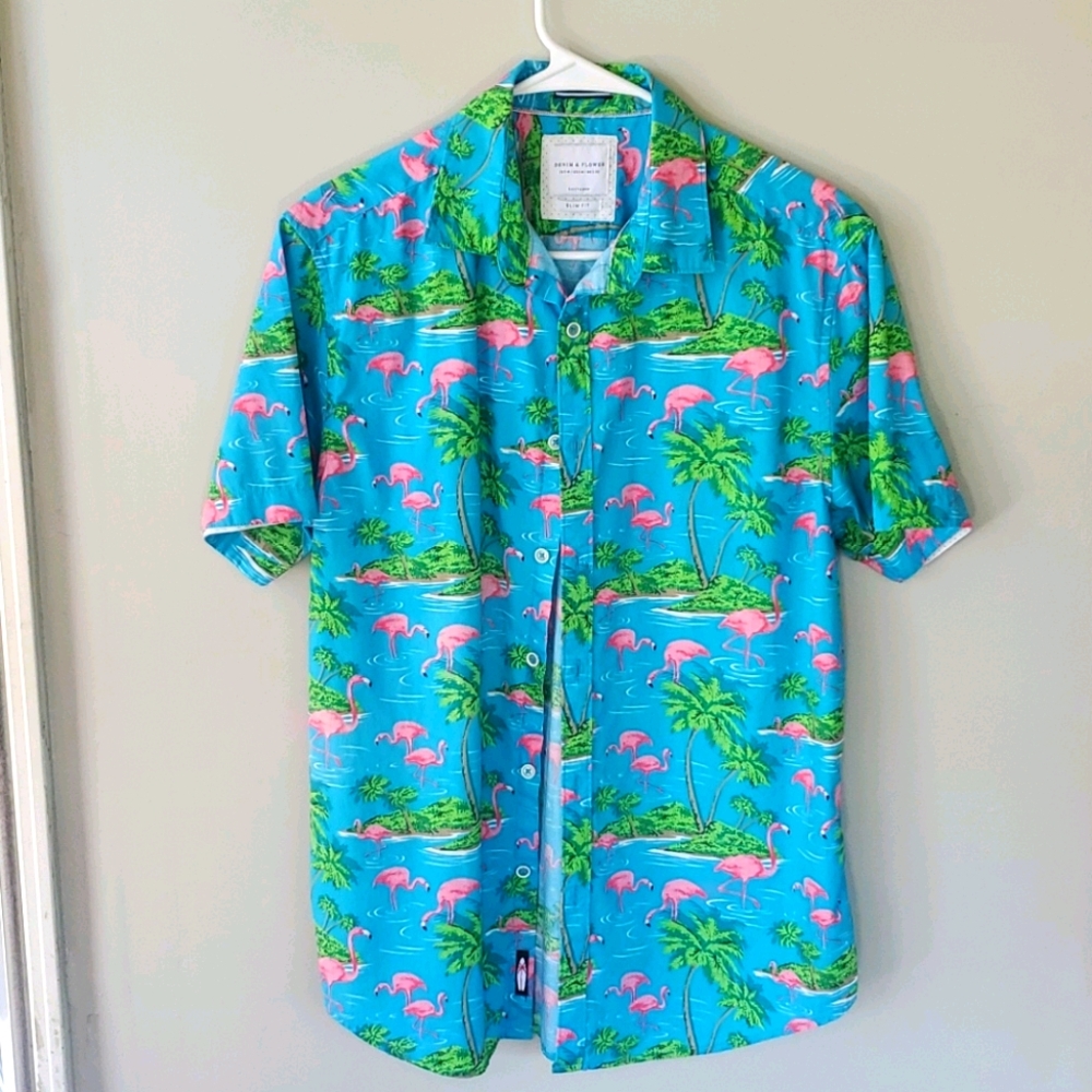 DENIM & Floral tropical flamingo casual shirt